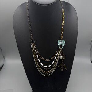 Plunder Multi-Layer Chain Pendant Necklace Bird & Pearl Charms 24 Inch Mixed Met